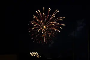Multicoloured Fireworks Display Drucke: Gold-colored firework explosions in a dark sky