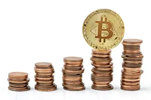 Blockchain Technology Image Drucke: Golden bitcoin on top of coins stack