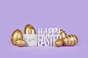 Happy Easter Drucke: Golden easter eggs and text Happy easter on violet background