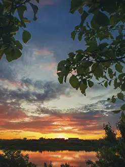 Drucke von Beeindruckender Sommeruntergang, wie er vom Garten unter den grünen Bäumen gesehen wird Moldawien Drucke: Beeindruckender Sommeruntergang