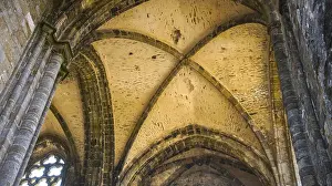 Deserted Church Interior Drucke: Detail of a Gothic vaulted ceiling with ornate stone work