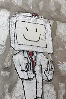 Drucke von Graffiti, Figur mit Fernseher als Kopf, Abwehrgeste, Mural, Wandmalerei, Straßenkunst, Altstadt El Carme, Valencia, Spanien Graffiti-Tags Drucke: Graffiti, Figur mit Fernseher als Kopf.