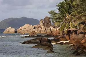 Praslin Island Coastline Drucke: Granite rocks in the evening light