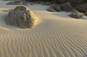Deserted Sandy Beach Europe Drucke: Granite rocks in the sand with wave structure