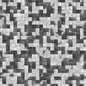 Geometric Seamless Pattern Drucke: A grayscale geometric pattern with interlocking tiles forming a repetitive design