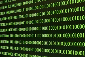 Green Binary Code Drucke: Green binary code arranged in rows on a black background