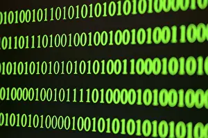 Single Colored Background Design Drucke: Green binary code in ordered rows on a dark background