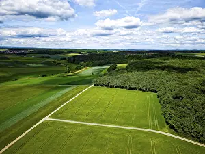 Cloudy Sky Landscape Photography Drucke: Green fields and forests under a cloudy blue sky