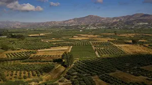 Greek Island Scenery Drucke: Green fields with mountains in the background under cloudy sky