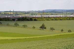 Drucke von Grüner Weizenfeld mit Maschinenspuren, Schnellzug im Kraichgau, ICE, Schnellbahnstrecke im Kraichgau bei Bretten, Schnellbahnstrecke Stuttgart - Mannheim Eisenbahn Drucke: Grünes Weizenfeld mit Maschinenspuren.