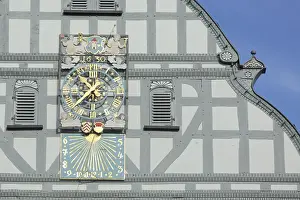 Historic Town Hall Drucke: Grey tail gable with clock, sundial