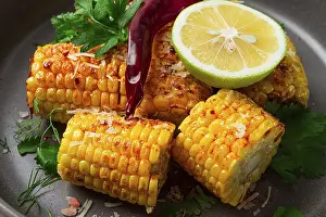 Spicy Corn Recipe Drucke: Grilled corn with spices, top view