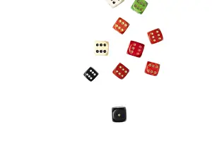 White Background Cubes Drucke: Group of different cubes with sixes and a one