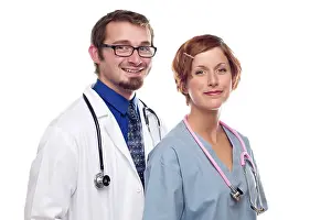 Female Doctor Portrait Drucke: Group of doctors or nurses before a white background
