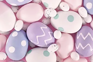 Christian Tradition Drucke: Group of pastel colored easter eggs on pink background