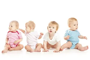 Caucasian Ethnicity Child Photos Drucke: Group of witty babies sitting in different clothes