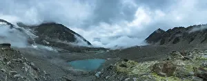 Cloudy Landscape Photography Drucke: Gruebugletscher with glacial lake and clouds