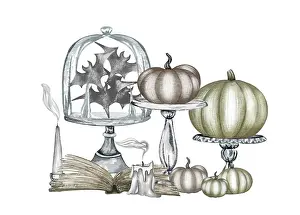 Halloween Decorative Item Drucke: Halloween pumpkin composition. Bat