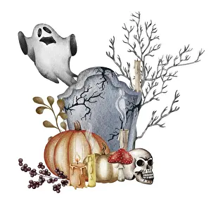 Halloween Themed Artwork Drucke: Halloween pumpkin composition. Bat