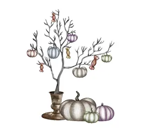 Orange Pumpkin Decoration Drucke: Halloween pumpkin composition. Bat