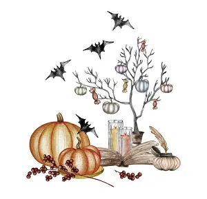 Halloween Pumpkin Art Drucke: Halloween pumpkin composition. Bat