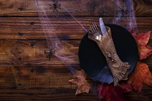 Rustic Wooden Table Decor Drucke: Halloween table setting on old rustic wooden table