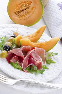Drucke von Schinken mit Melone und Oliven Parma Drucke: Schinken mit Melone und Oliven.