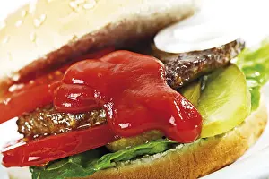 Sausage Products Drucke: Hamburger with ketchup