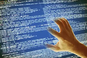 Data Security Threats Drucke: Hand grabbing a computer code, hacking and computer crime concept