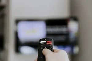 Living Room Interior Photo Drucke: Hand holding remote control pointing to TV