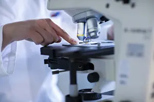 Female Scientist At Work Drucke: Hand of a lab technician with microscope and sample working in a lab with light microscope