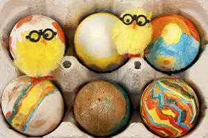 Young Bird Photography Drucke: Handmade Painted Easter Eggs in eggshelf with yellow chick