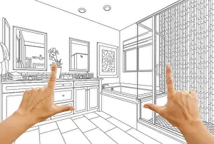 Custom Bathroom Design Drucke: Hands framing custom master bathroom drawing