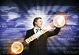 Handsome Businessman Suit Drucke: Handsome businessman in suit using virtual interface of computer application