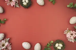Flat Lay Photography Drucke: Happy Easter background with easter eggs in nest and spring flowers