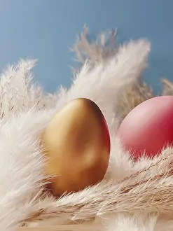 Symbolic Easter Picture Drucke: Happy Easter. Colourful painted easter eggs on rustic background