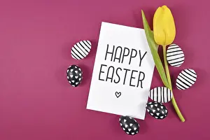 Colorful Easter Egg Picture Drucke: Happy Easter text card surrounded by black and white easter eggs