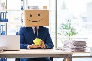 Single Person Happy Moment Drucke: Happy man with box instead of his head