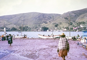 Hafen für Fähren, die den Titicacasee überqueren, Tiquina San Pablo, Bolivien, Südamerika, 1962.