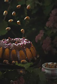 Hazelnut Cake Drucke: Hazelnut cake, flying hazelnuts