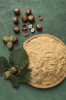 Nut Meal Powder Drucke: Hazelnut flour, top view, filbert