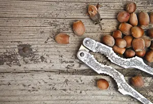 Decorative Items Drucke: Hazelnuts (filbert) and nutcracker on old wooden table