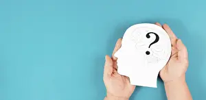 Problem Solving Concept Drucke: Head with a brain and question mark