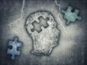 Mental Health Symbol Drucke: Head made of clouds with puzzle shape inside and two different pieces to choose