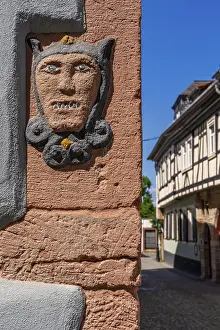 Lower Franconia Bavaria Architecture Drucke: Head of a devil on a sandstone facade