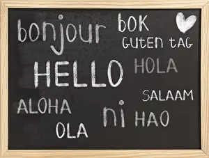 Chalkboard Background Drucke: Hello in different languages on chalkboard background