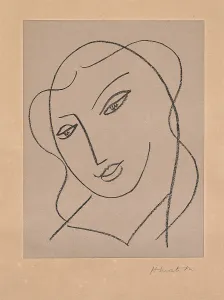 Drucke von Ein minimalistischer Skizze eines Gesichts in klaren, einfachen Linien auf einem beigeen Hintergrund Henri Matisse Drucke: Henri Matisse - Studie für die verhüllte Jungfrau (1950-1951)