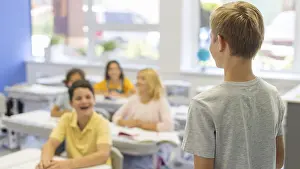 Education Concept Image Drucke: High angle boy presenting class