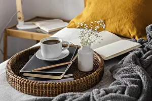 Coffee Mug Studio Shot Drucke: High angle coffee cup notebooks