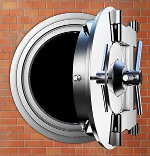 Deserted Bank Vault Scene Drucke: high resolution 3D rendering of a bank vault
